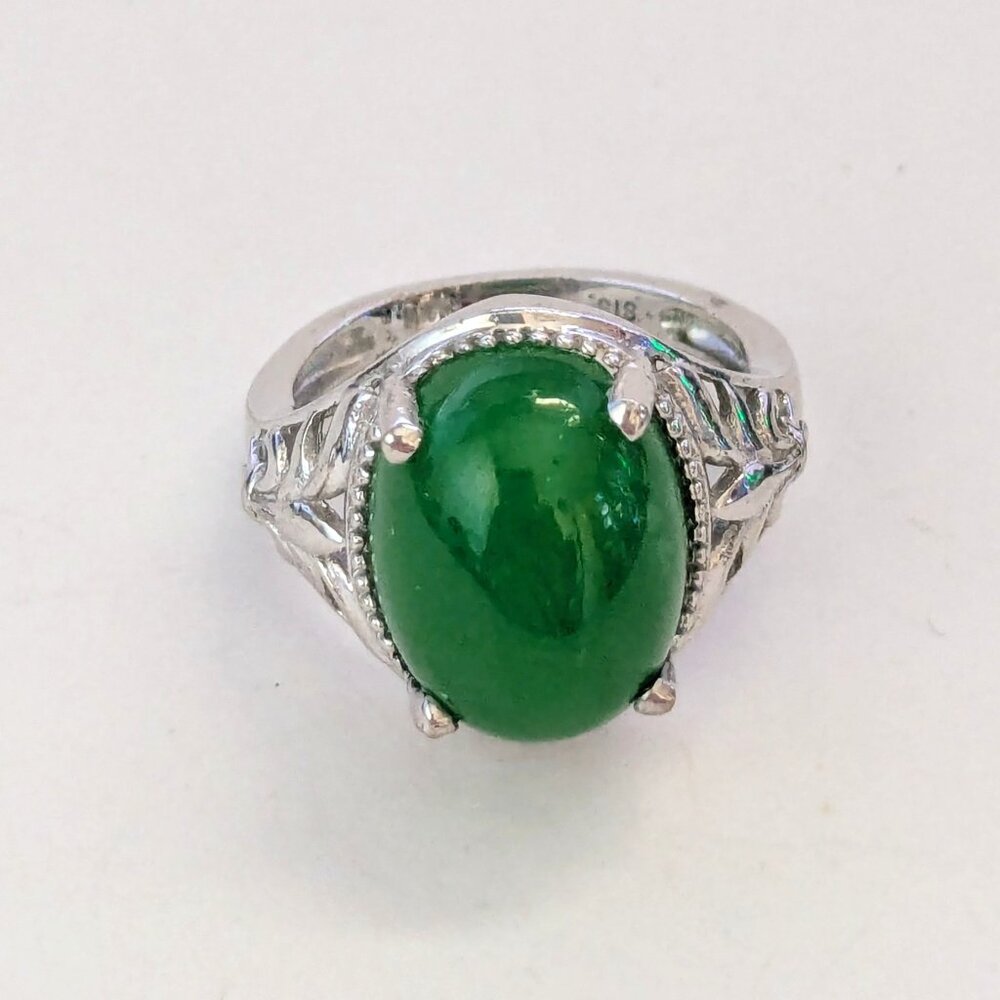 STS aris Ornate Oval Deep Green Nephrite Cabochon Silver Tone Ring Size 8